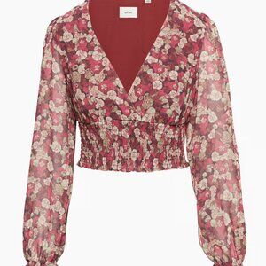Aritzia Wilfred Wistful Blouse Size Small Spiced Burgundy and White Birch